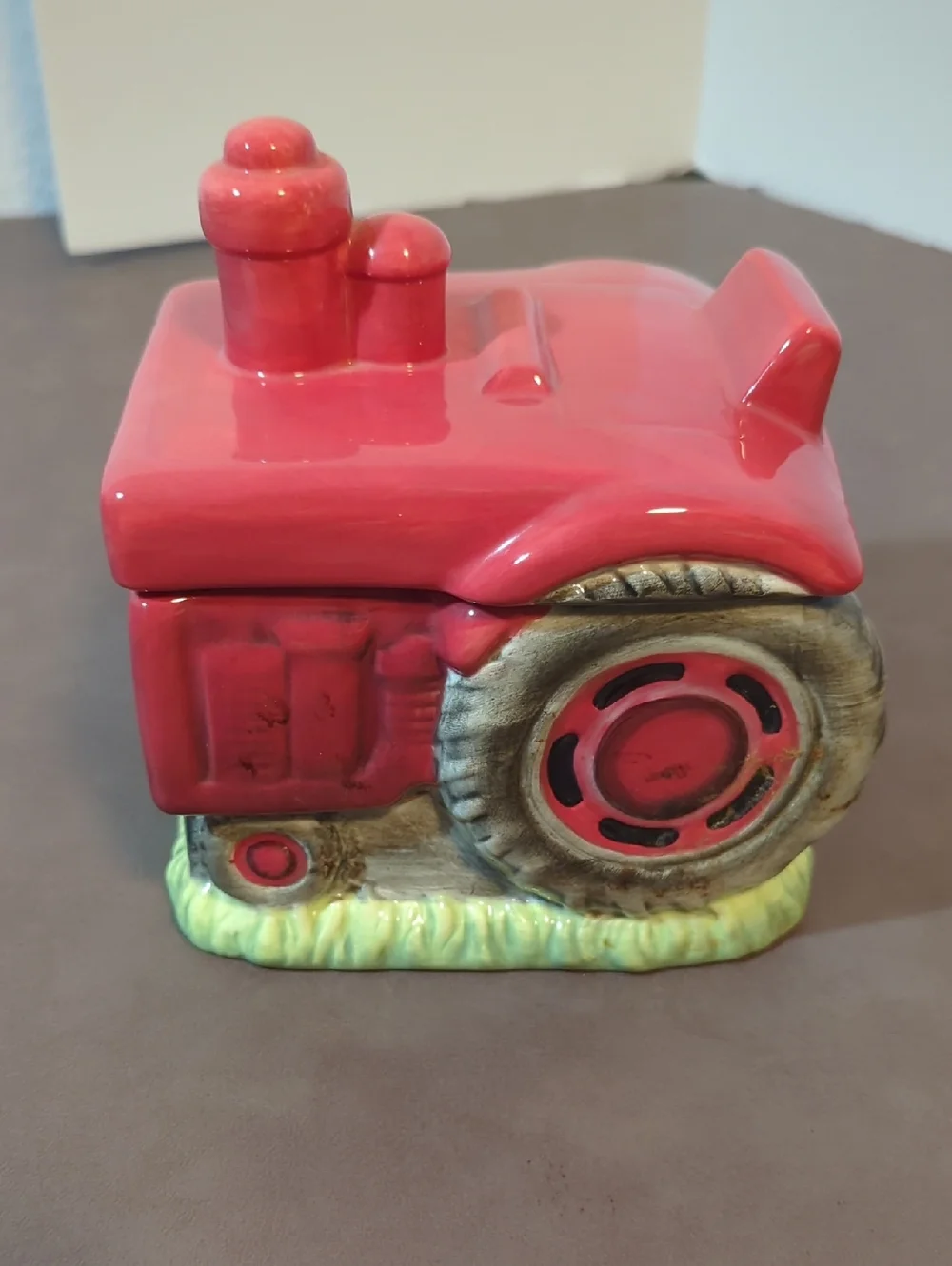 Ceramic Red Farm Tractor Blonder Home Cookie Jar Canister Linda Picken